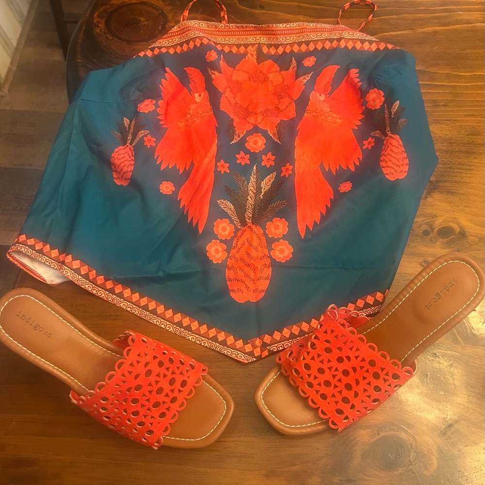 Indigo Teal and Orange Tank Top L with matching sandals size9
